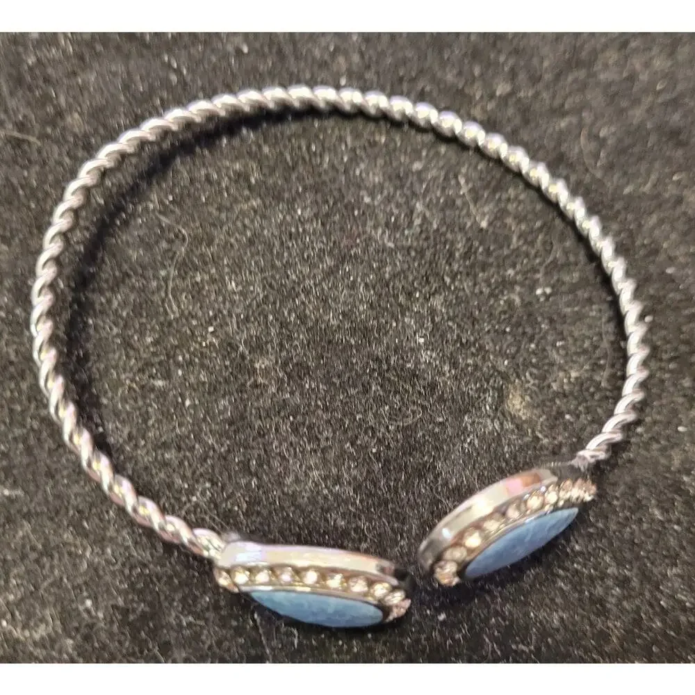 Jilzarah Adjustable Silvertone Bangle Bracelet Blue Clay Cabachon Crystals